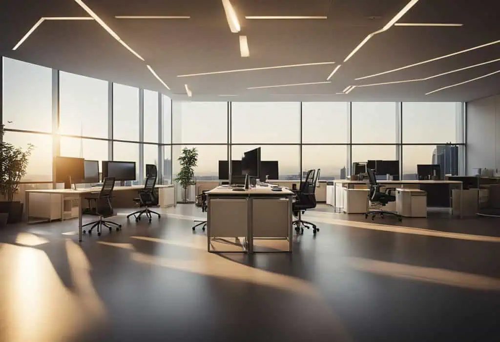 Bright office workspace with innovative lighting design enhancing productivity and employee well-bei.