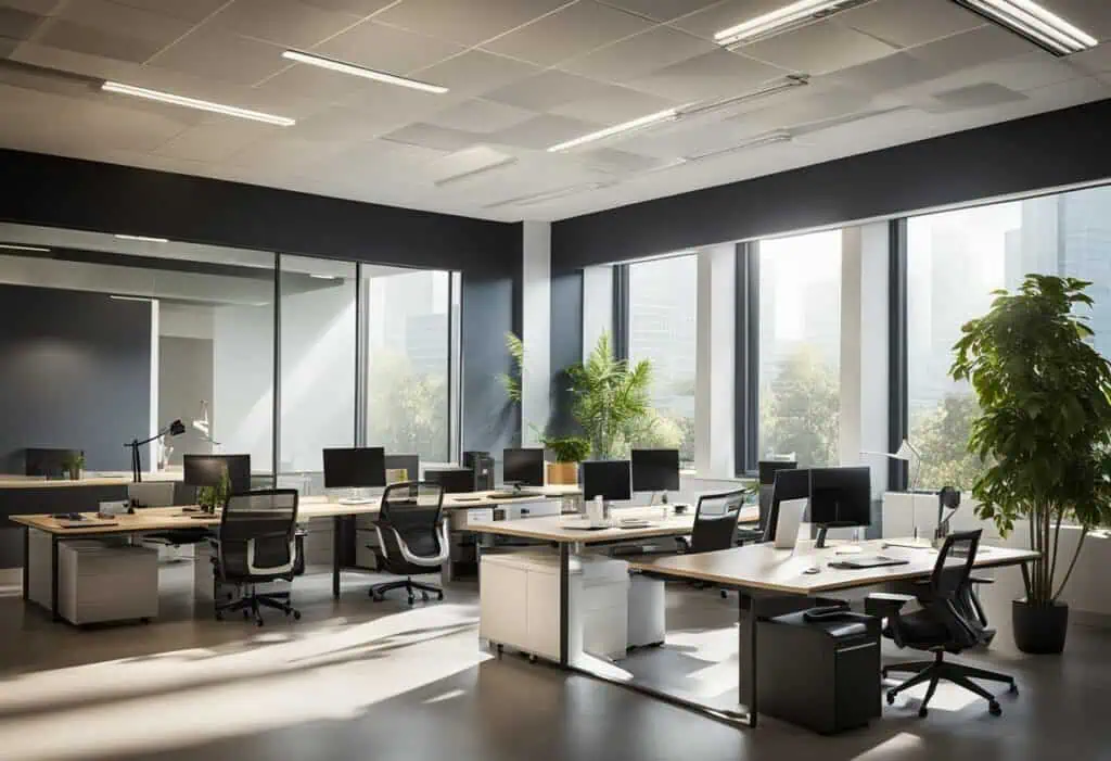 Bright office lighting design with large windows and LED fixtures for a productive workspace.