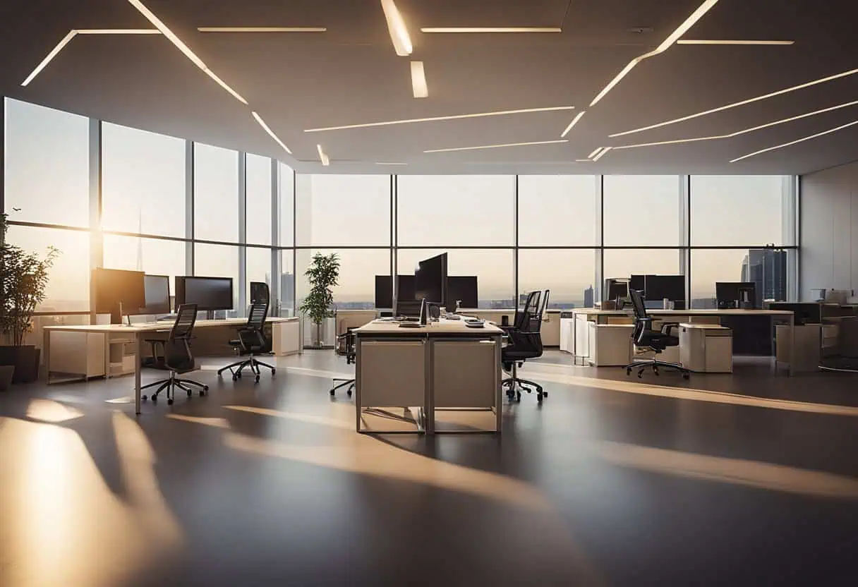 Bright office workspace with innovative lighting design enhancing productivity and employee well-bei.