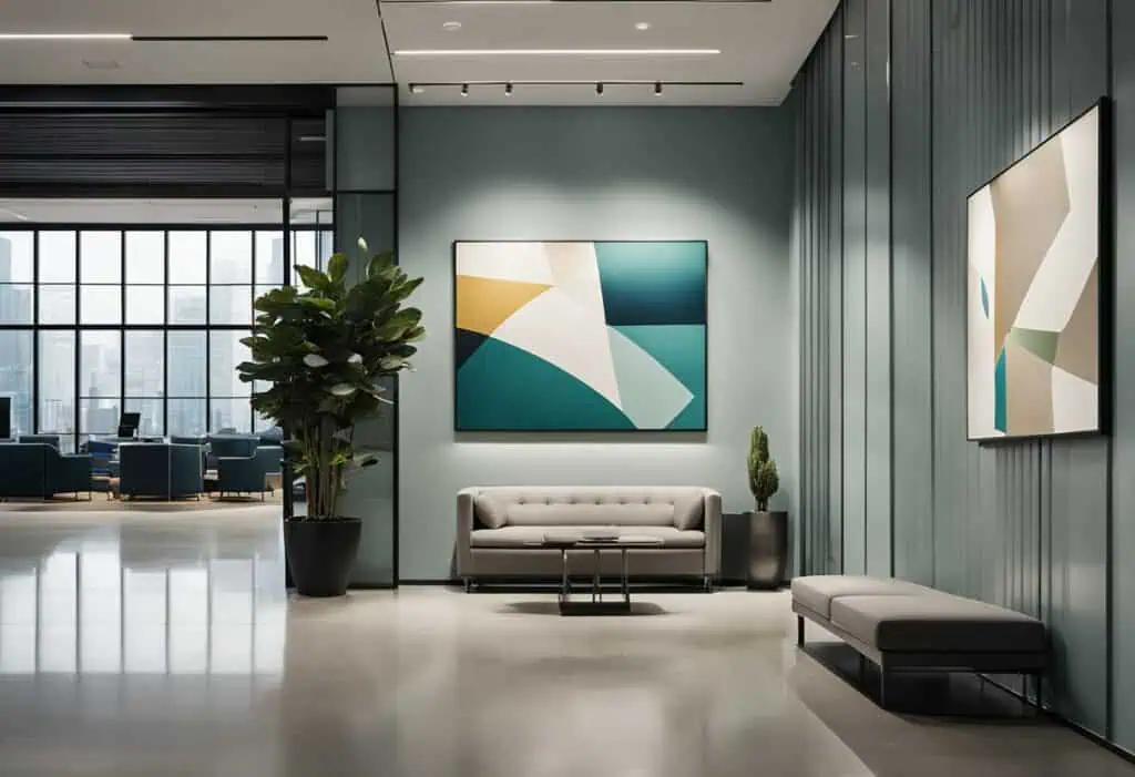 Elegant office lobby featuring contemporary abstract wall art and lush green plant for a welcoming w.