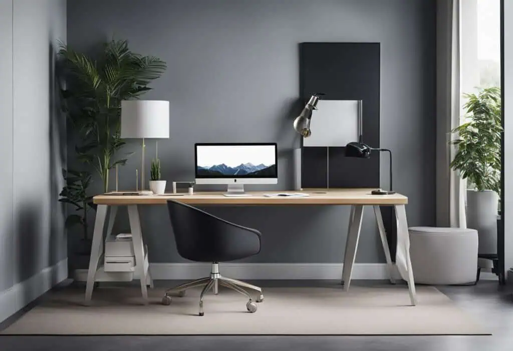 Stylish office desk with sleek design and organized workspace setup.