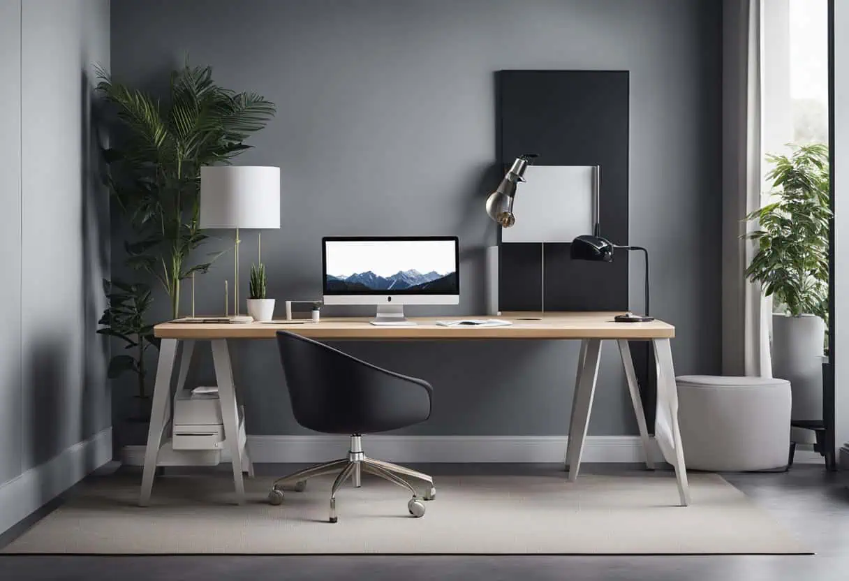 Stylish office desk with sleek design and organized workspace setup.