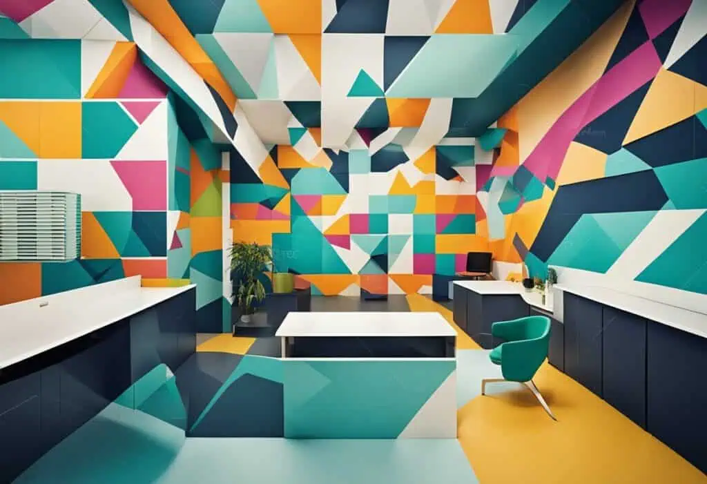 Vibrant geometric mural for office spaces, enhancing workspace aesthetics with colorful, modern wall.