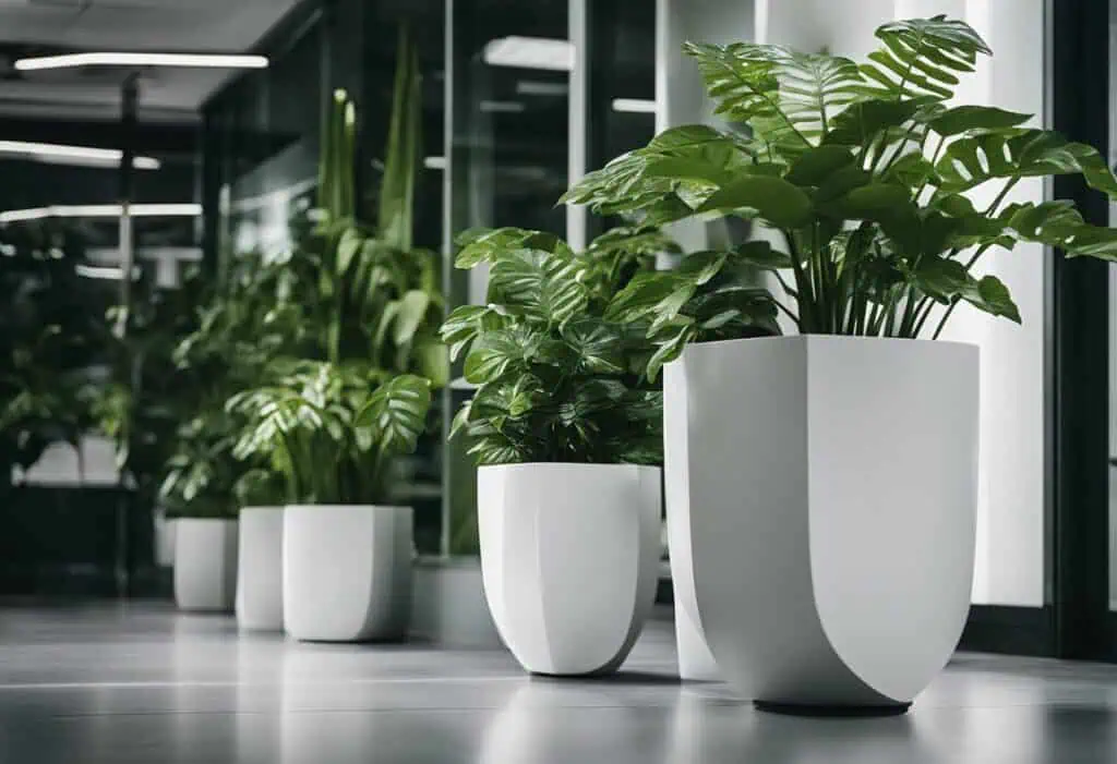 Office plant design with lush greenery in sleek white planters to elevate your workspace ambiance.