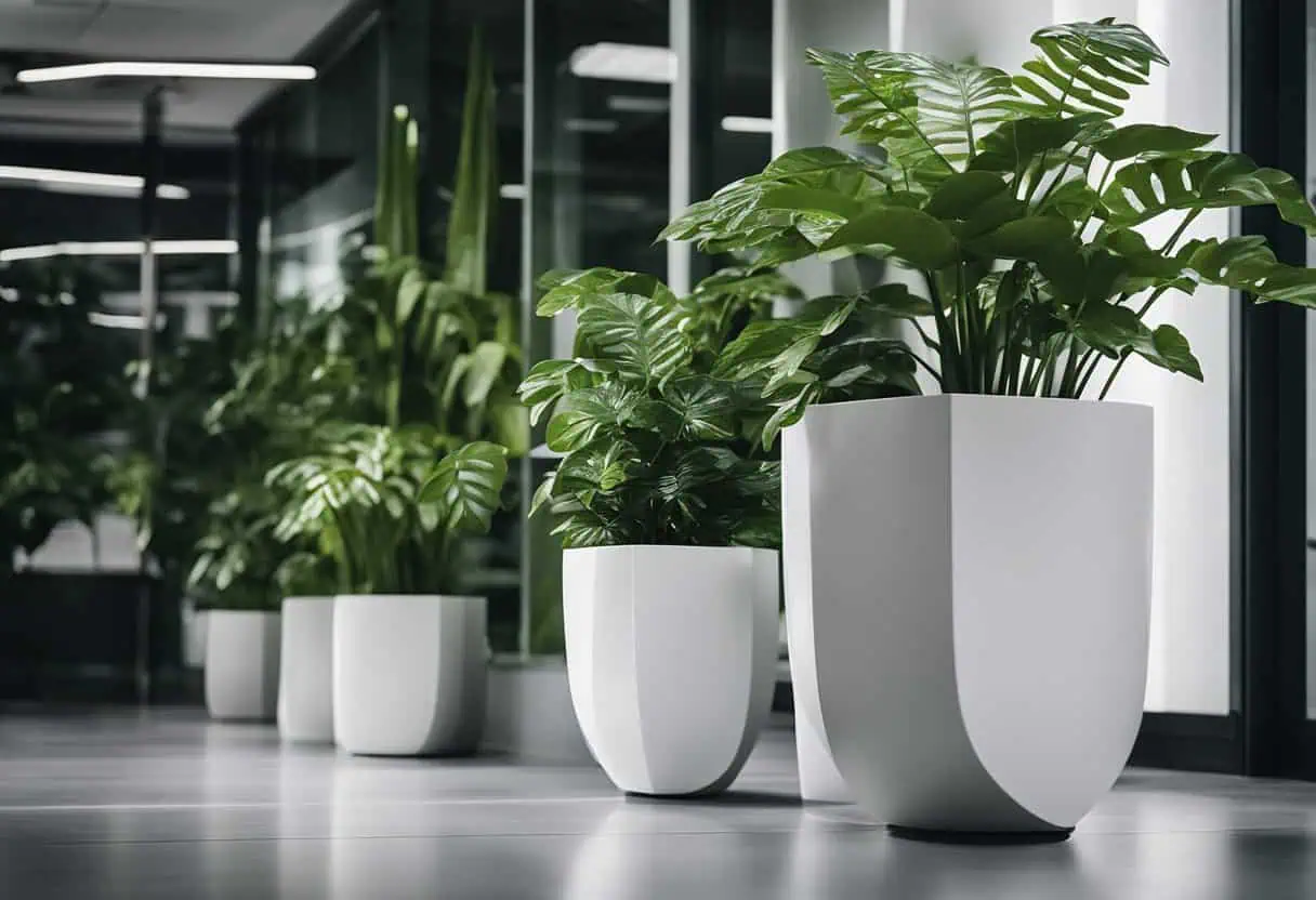 Office plant design with lush greenery in sleek white planters to elevate your workspace ambiance.