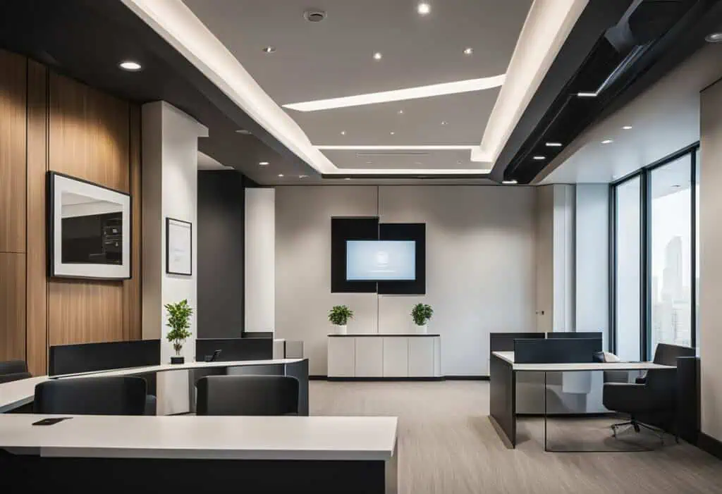 Contemporary office reception with stylish ceiling design and modern decor.