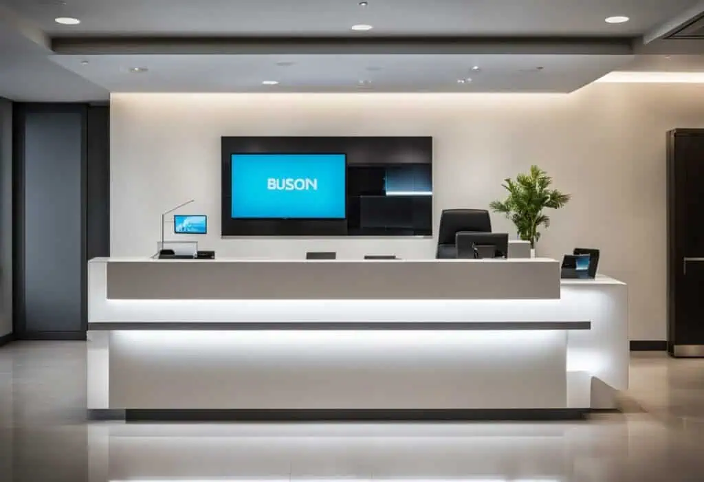 Contemporary office reception counter with sleek white finish and modern decor.
