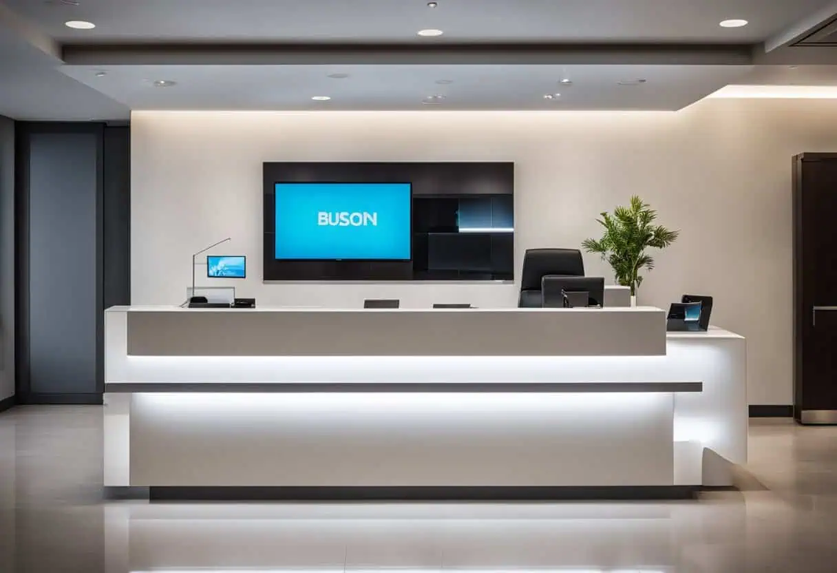 Contemporary office reception counter with sleek white finish and modern decor.