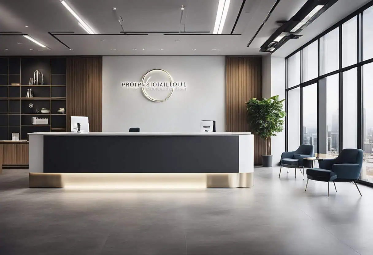 Contemporary office reception featuring sleek furniture, stylish decor, and large windows for a welc.