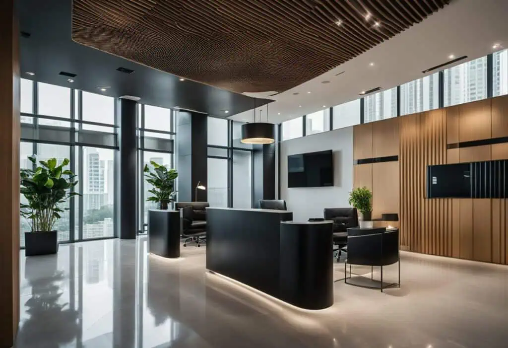 Elegant office reception furniture setup in a contemporary workspace with large windows and natural.