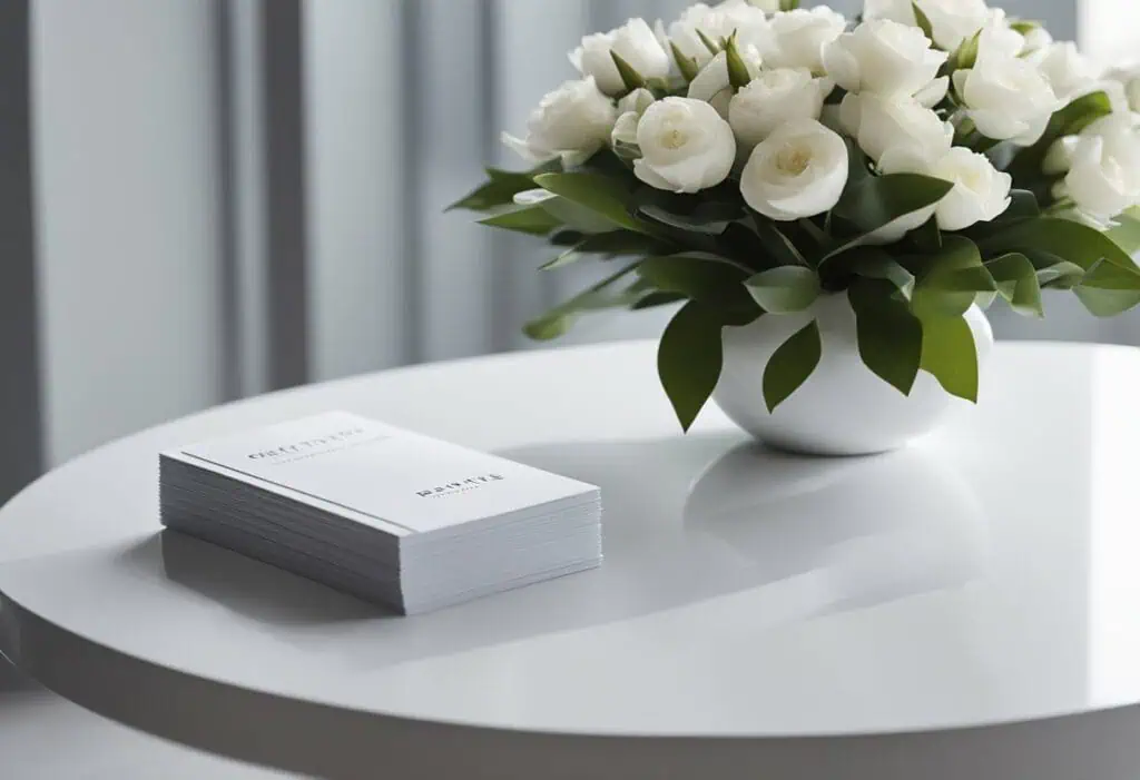 Modern office reception table with white flowers and business cards for professional aesthetics.