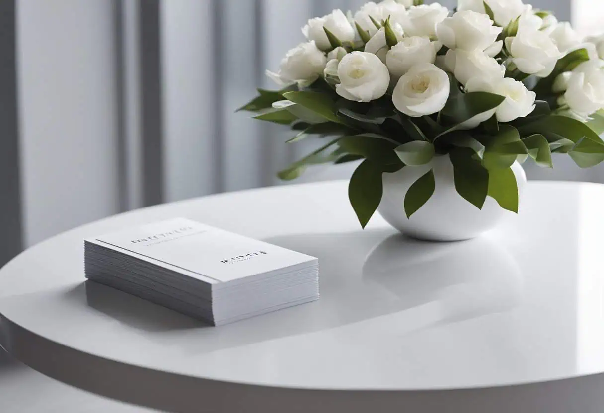 Modern office reception table with white flowers and business cards for professional aesthetics.