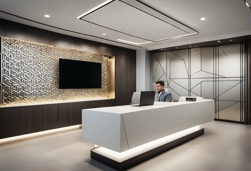 Elegant reception area with geometric wall art and sleek desk for professional first impressions.