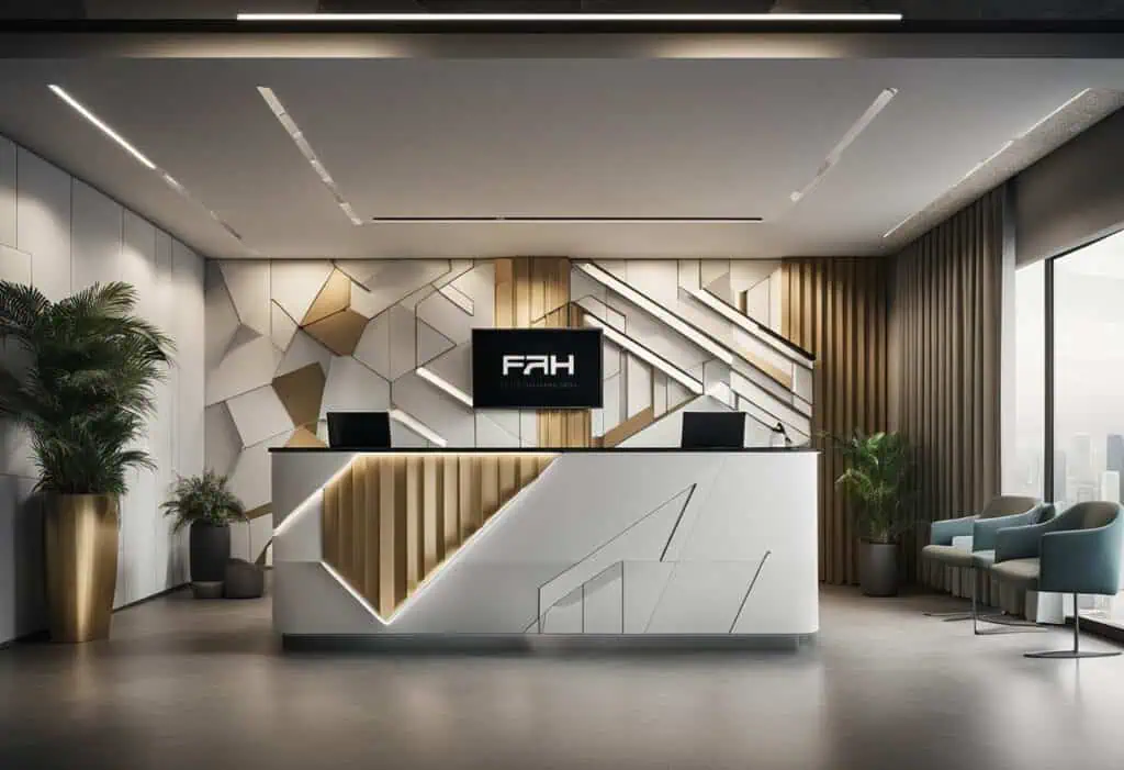 Stylish office reception wall with geometric patterns and contemporary decor for professional spaces.