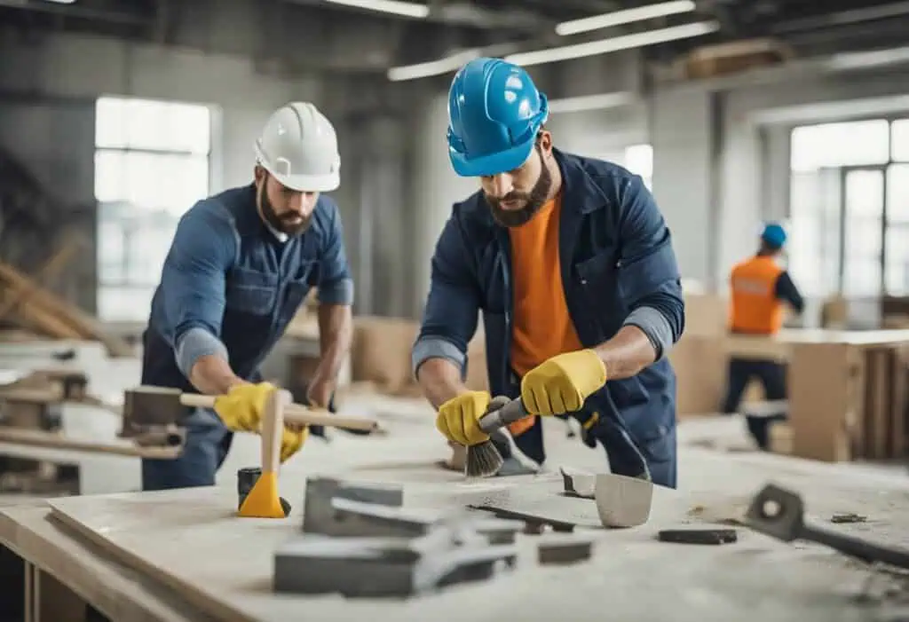 Construction workers renovating office space with tools and safety gear.