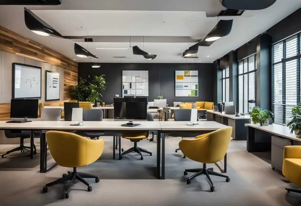 Contemporary office showroom design featuring ergonomic chairs, sleek desks, and vibrant decor for a.