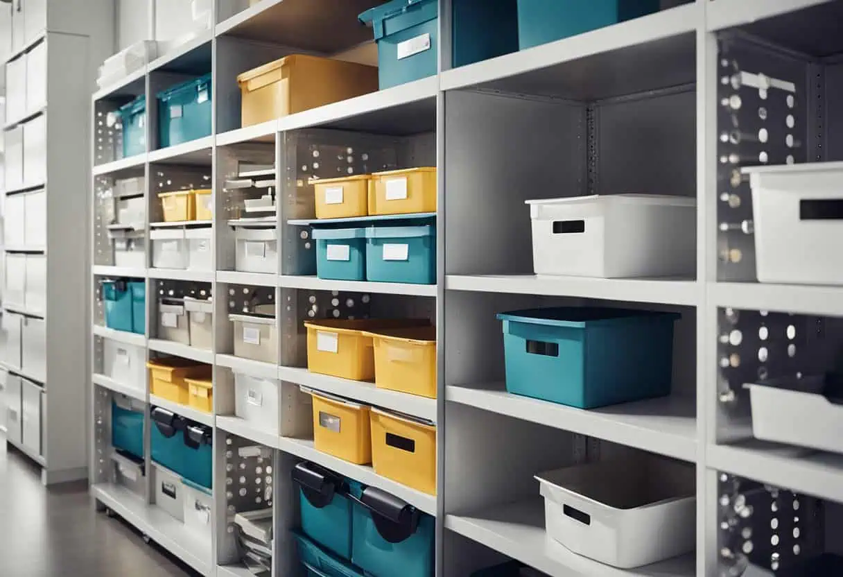 Efficient office storage design with colorful bins and shelves for optimal space utilization.