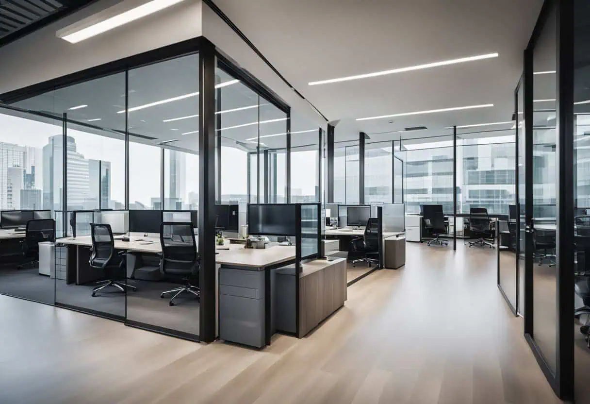Bright, open-plan office with glass partitions and ergonomic furniture promoting efficiency and crea.