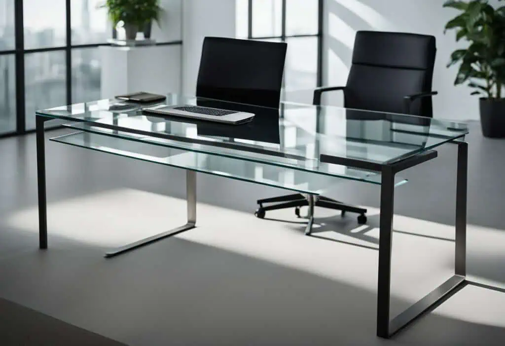 Sleek glass office desk with black chairs, ideal for modern workspaces and productivity.