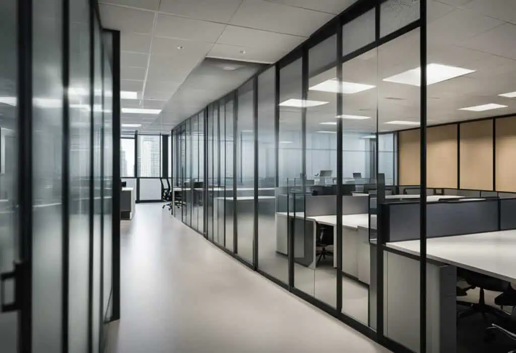 Office table partition with glass panels enhancing privacy and collaboration in modern workspaces.