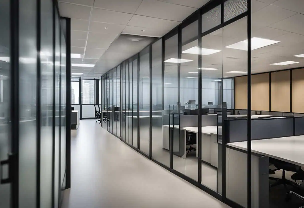 Office table partition with glass panels enhancing privacy and collaboration in modern workspaces.