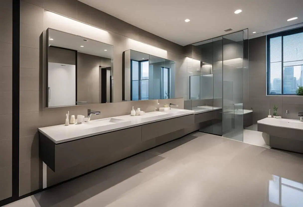 Sleek office bathroom with modern fixtures and spacious layout for enhanced workplace comfort.