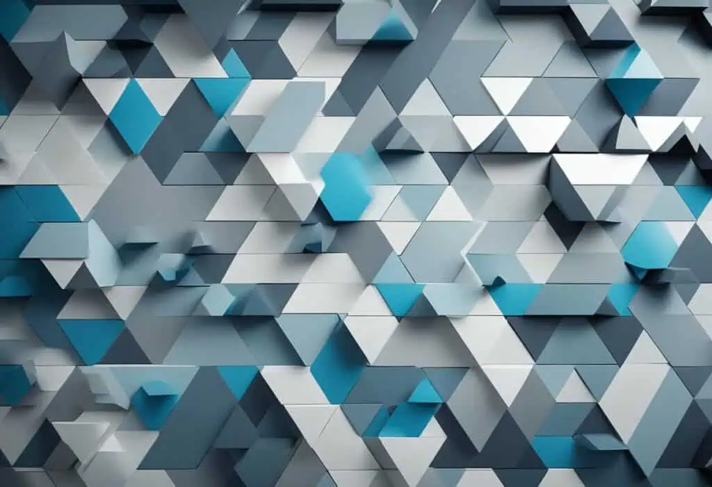 Office wall paint design with 3D geometric patterns in shades of gray and blue.