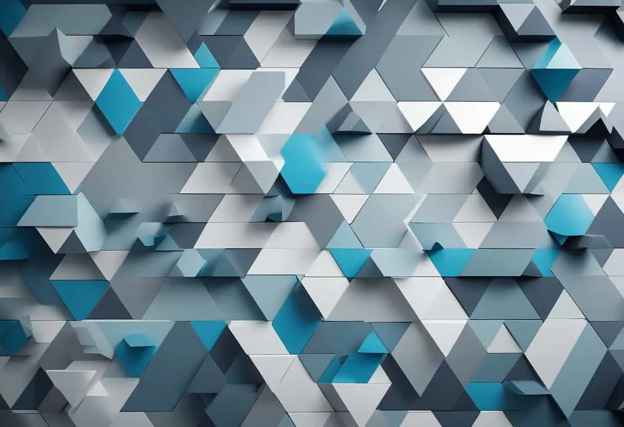 Office wall paint design with 3D geometric patterns in shades of gray and blue.