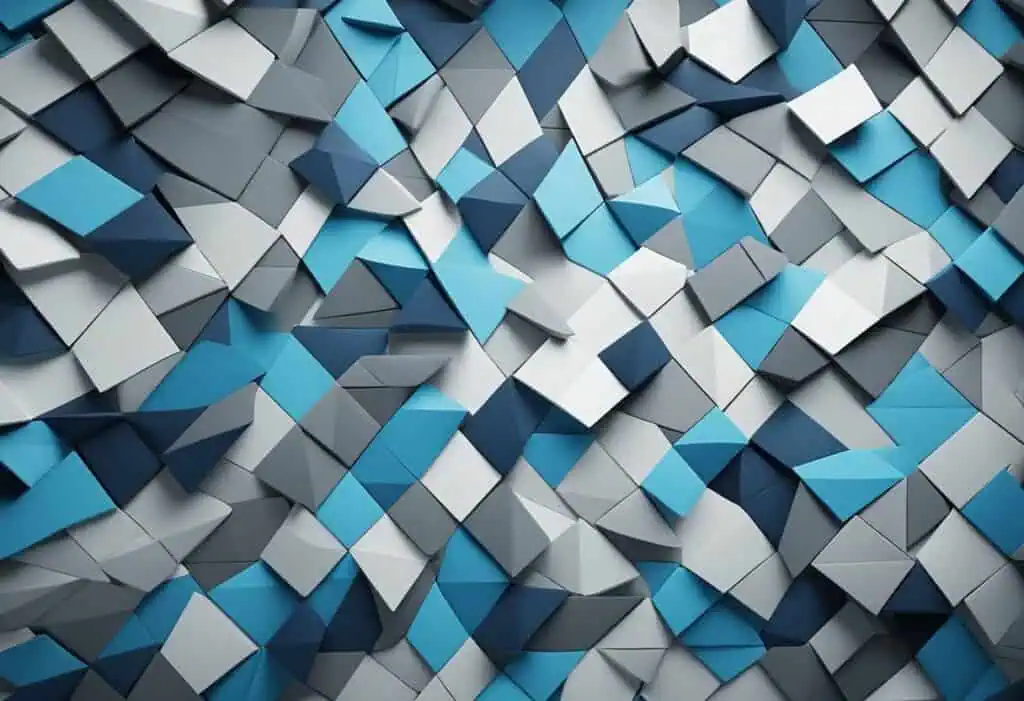 Office wall tiles with geometric blue, gray, and white design for contemporary workspace decor.