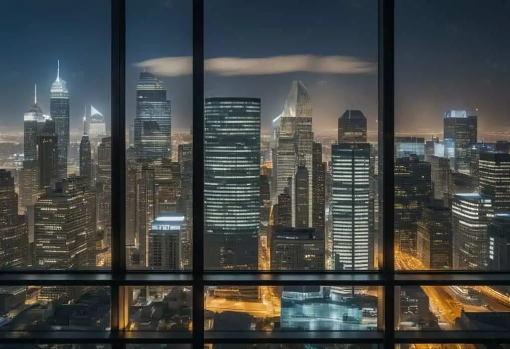Cityscape view of illuminated skyscrapers at night, showcasing natural light integration in office d.