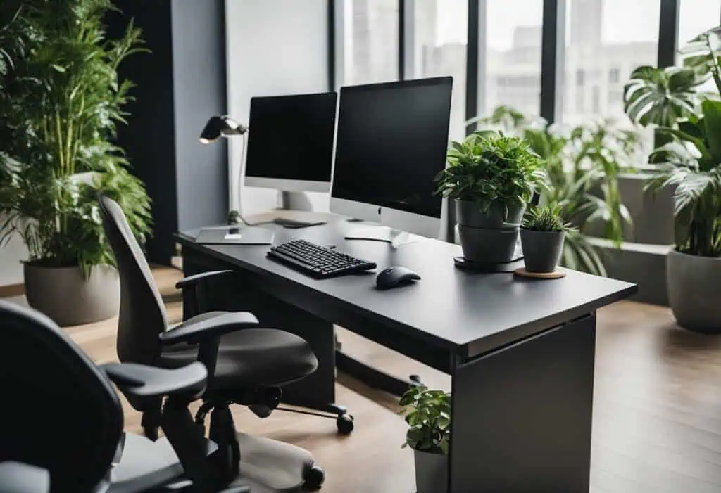 Office work area featuring dual computer monitors, ergonomic chair, and lush green plants for a prod.