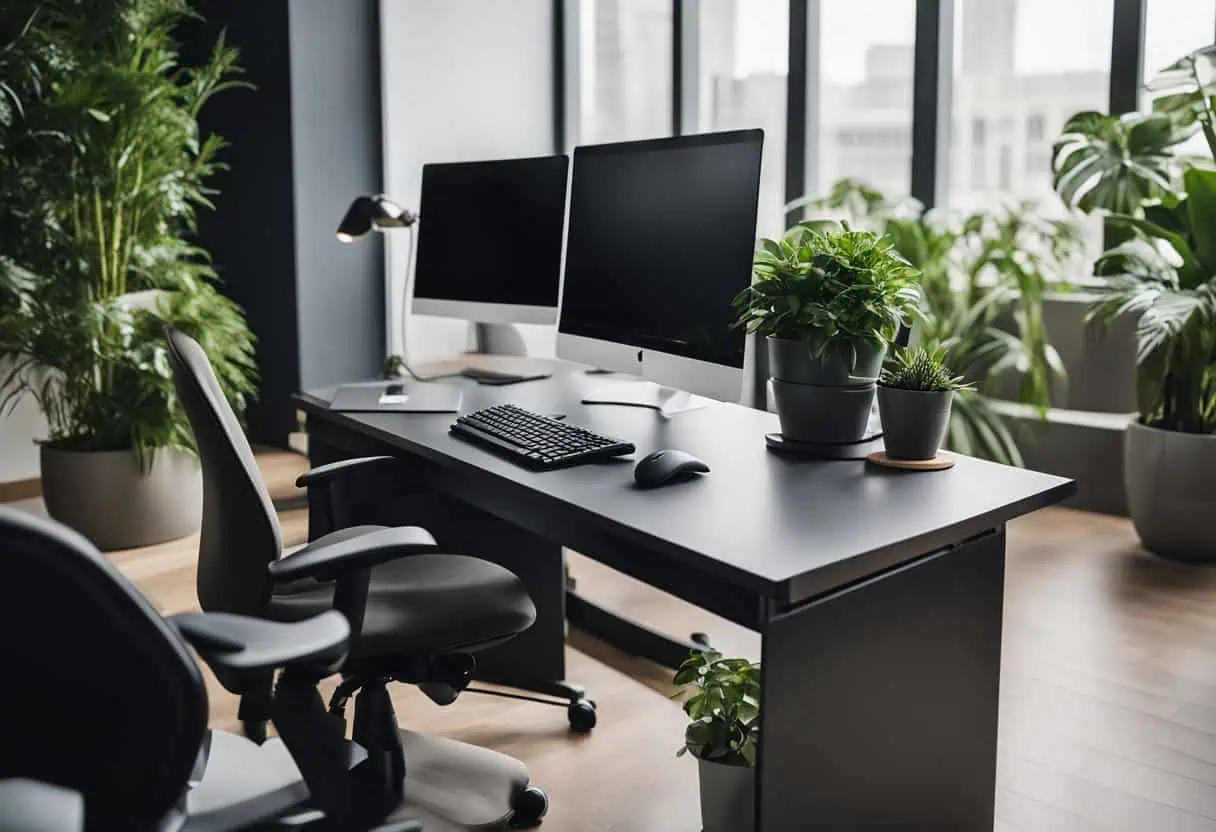 Office work area featuring dual computer monitors, ergonomic chair, and lush green plants for a prod.