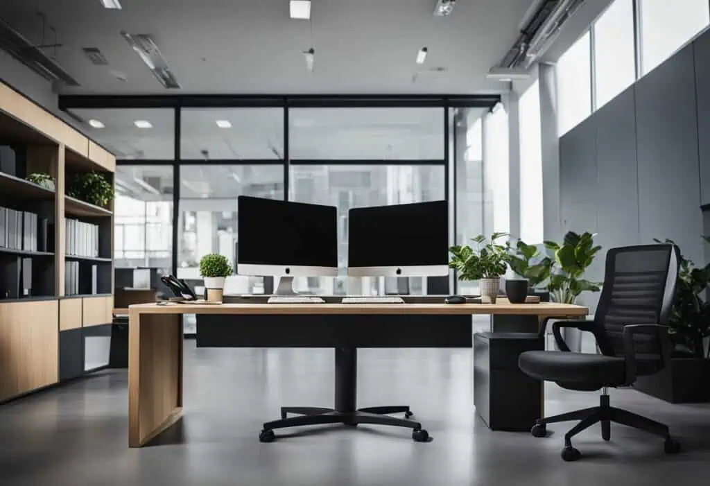Office workstation with dual monitors, ergonomic chair, and modern design for efficient workspaces.