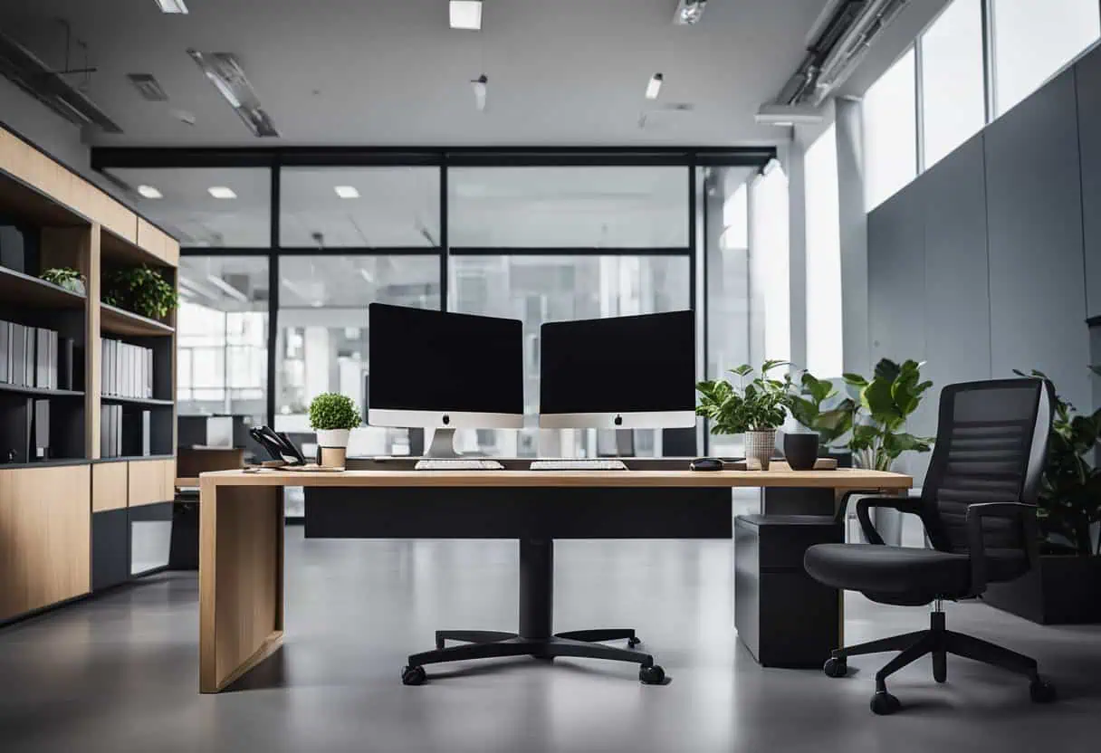 Office workstation with dual monitors, ergonomic chair, and modern design for efficient workspaces.