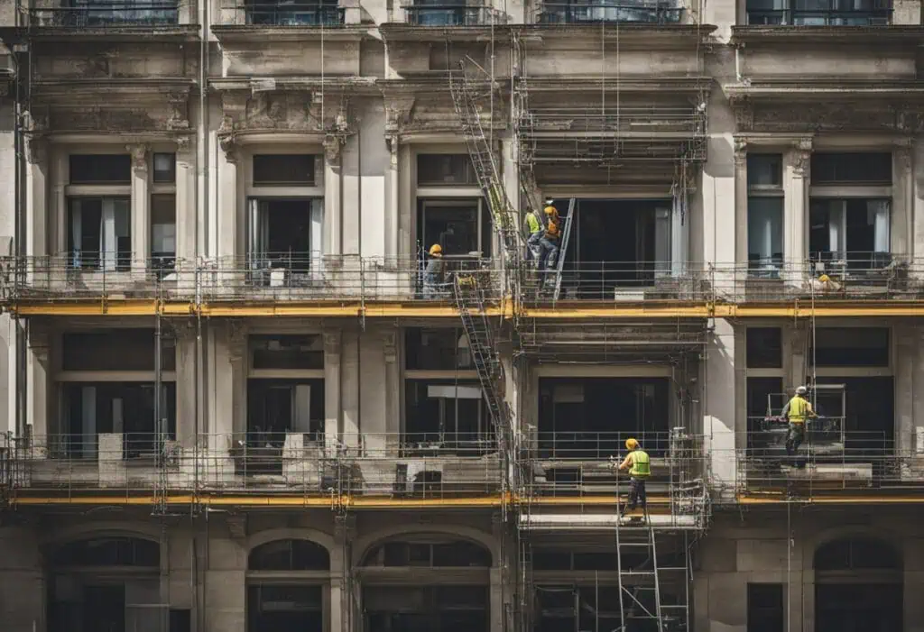 Renovation of an old building showcasing scaffolding and construction workers restoring historic arc.