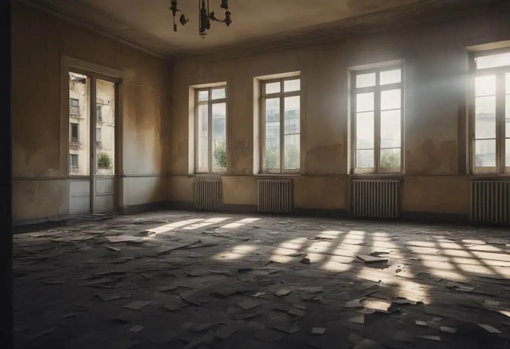 Bright sunlight streaming through large windows in an old, abandoned flat.