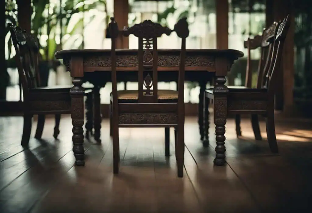 Vintage wooden dining table with intricate carvings, perfect for classic interior decor.