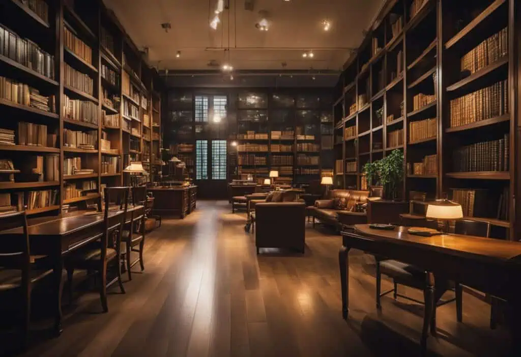 Old school furniture Singapore: vintage library with wooden shelves and comfortable seating.