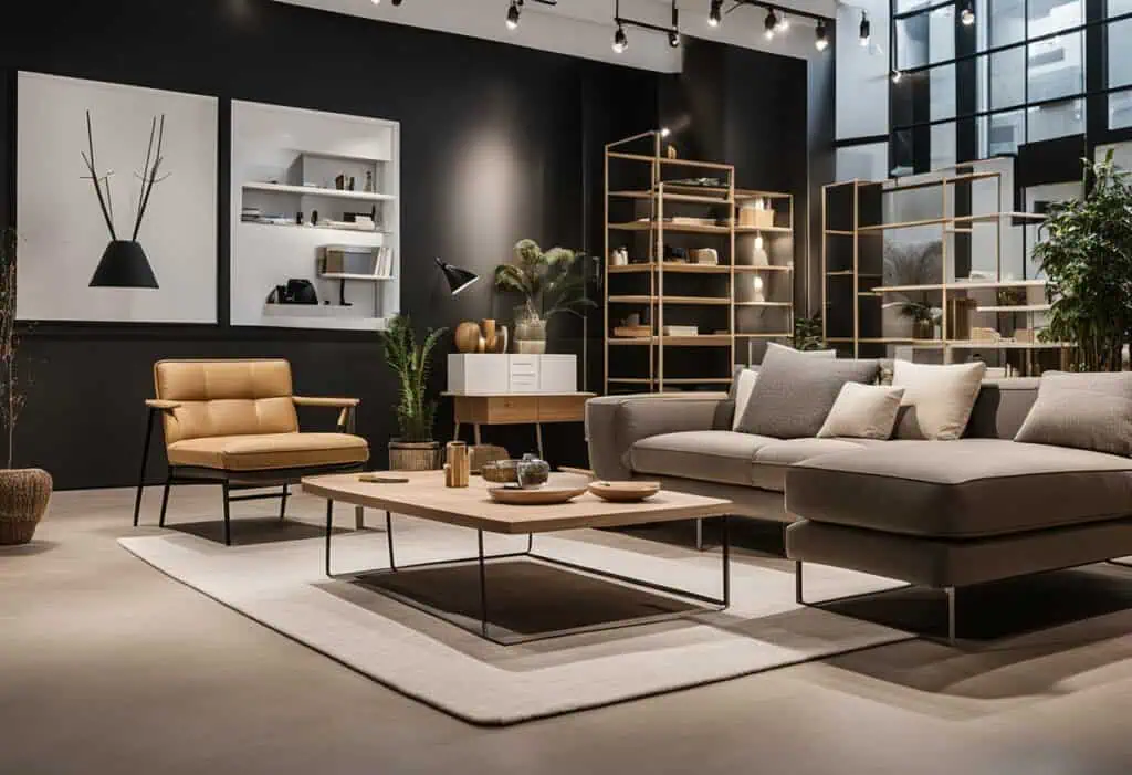 Elegant Scandinavian-inspired living room featuring neutral-toned sofas, wooden accents, and minimal.