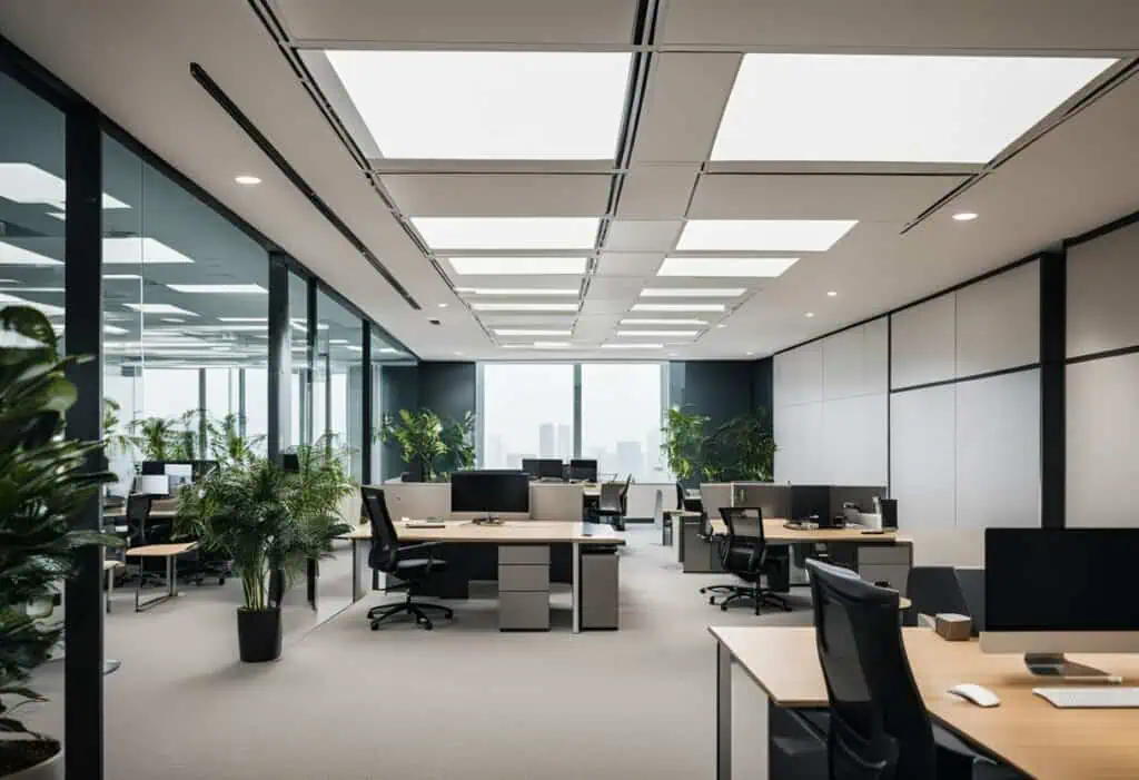 Modern open ceiling office with natural light and contemporary workspace layout.