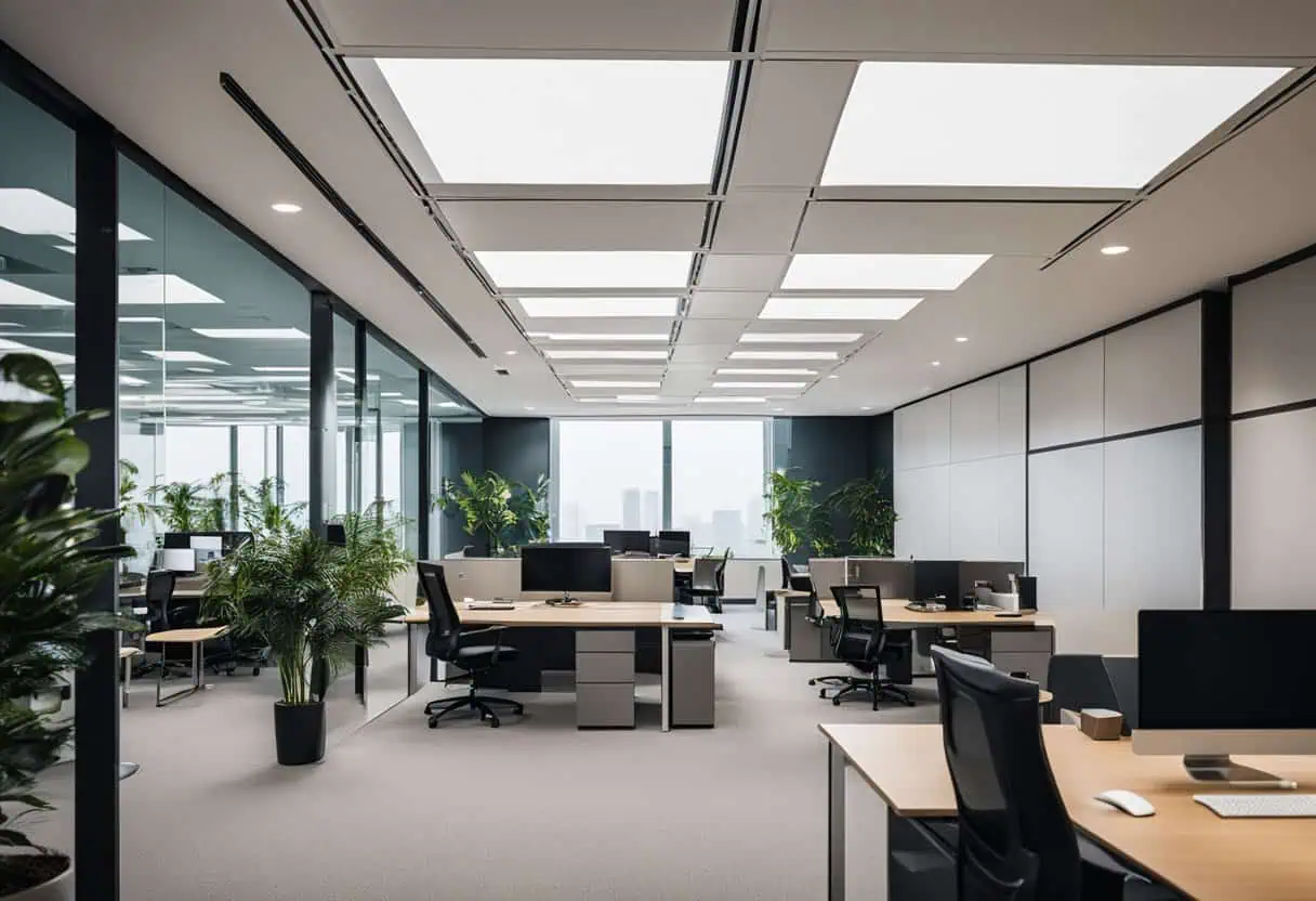 Modern open ceiling office with natural light and contemporary workspace layout.