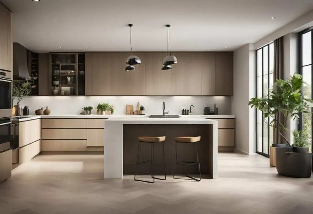 Bright and spacious open kitchen with minimalist decor and natural light.