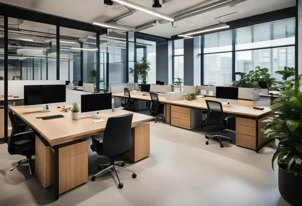 Open concept office design with spacious workstations and natural light for productive work environm.