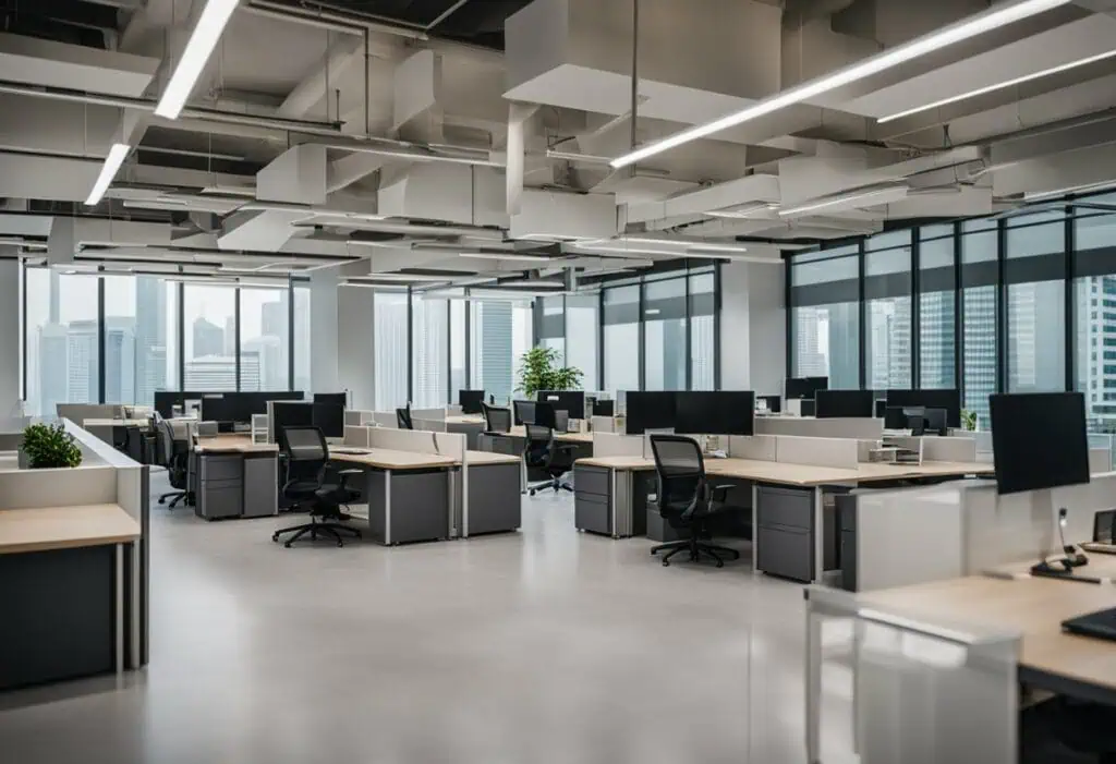 Modern open office workspace with collaborative furniture in Singapore.