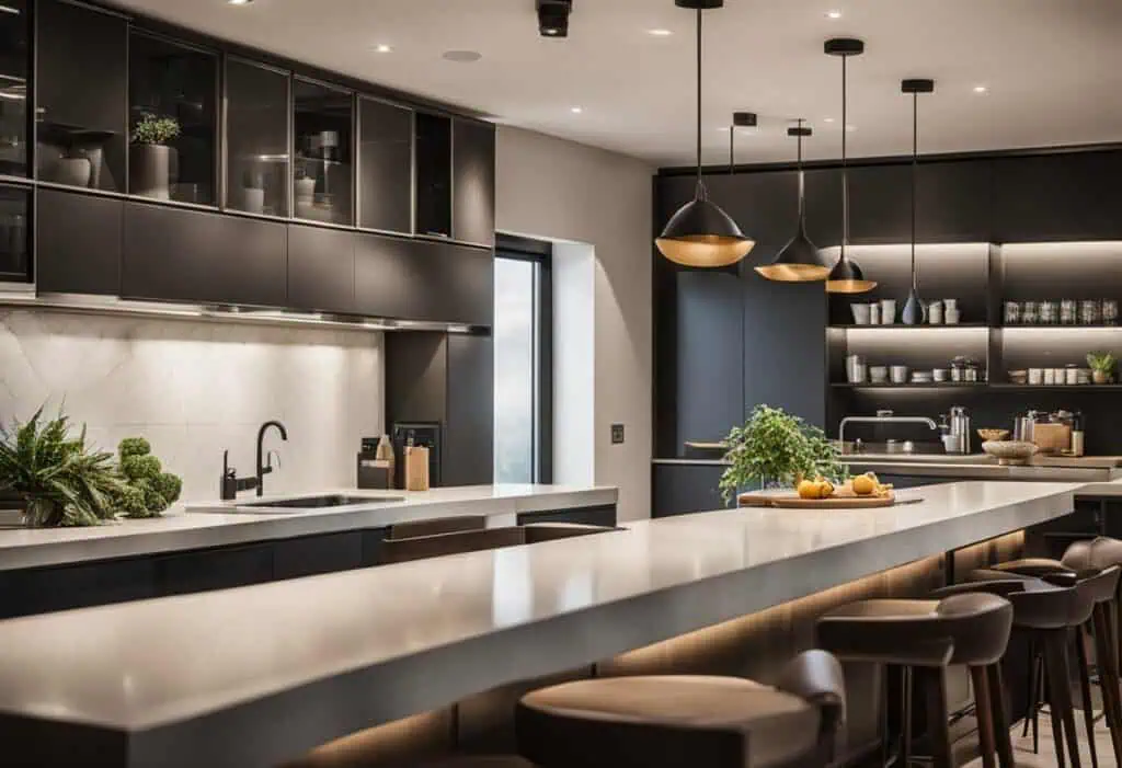 Open kitchen with breakfast bar, modern design, and stylish black cabinetry.