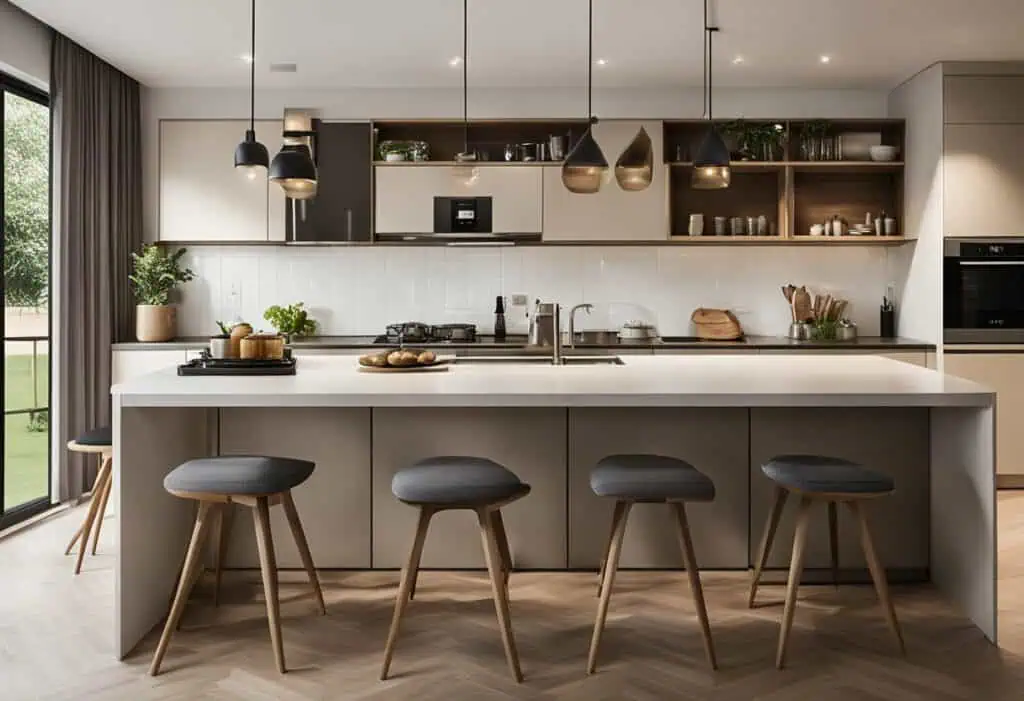 Stylish open-concept kitchen featuring a spacious island, sleek cabinetry, and contemporary bar stoo.