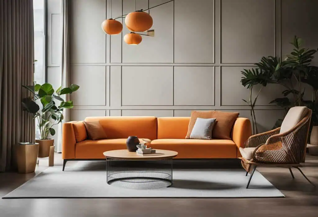 Bright orange sofa in a contemporary living room with minimalist design and natural light.