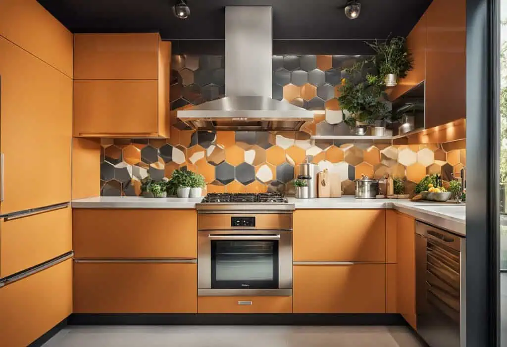 Bright orange kitchen design with hexagonal tile backsplash and contemporary fixtures.