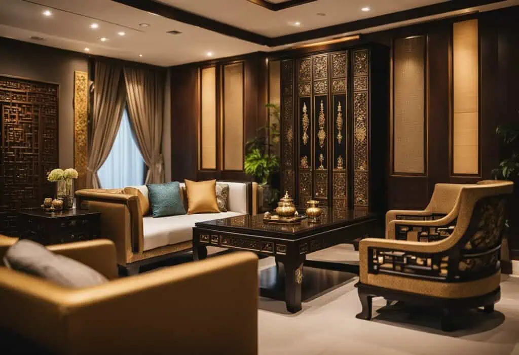 Luxurious Asian-inspired living room with dark wood furniture and intricate decor details.