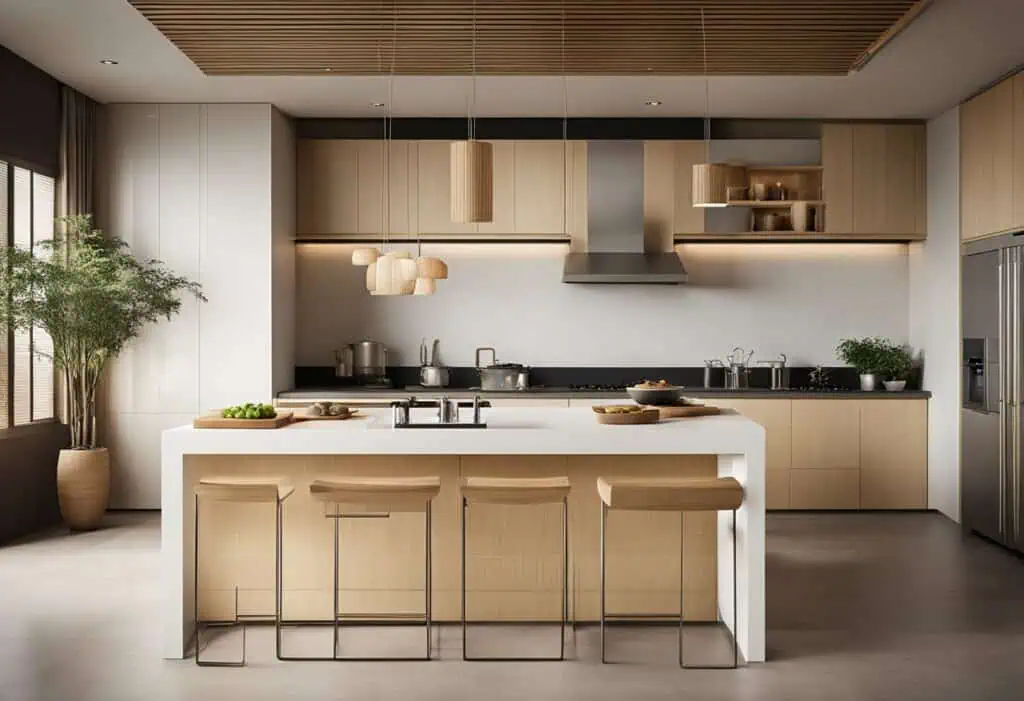 Elegant oriental kitchen with minimalist design and natural wood finishes.